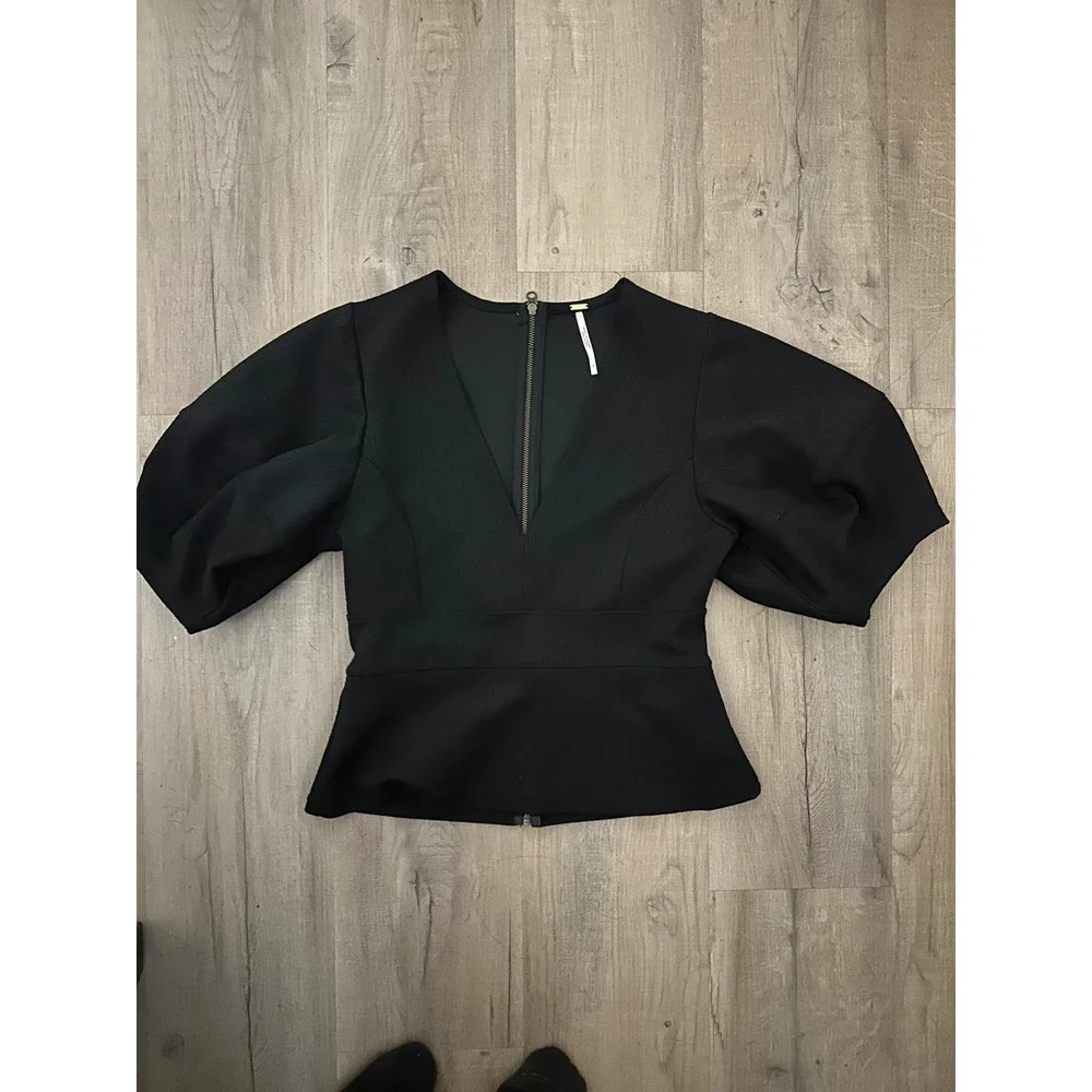 Free People Black Puff Sleeve‎ Peplum Top V-Neck Zip Back Blouse Small